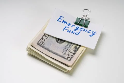 Emergency Fund Text Over The Bundle Of 50 Dollar Notes Stock Photos