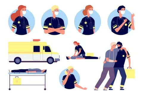 Emergency help. Paramedics characters, first aid and saving people. Medical team Stock Illustration