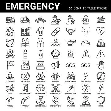 Emergency icons collection featuring fire truck, ambulance, police car, fir.. Stock Illustration