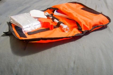 Emergency kit on gray background Stock Photos