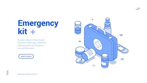 Emergency kit isometric web banner template. First aid and medical healthcare Stock Illustration