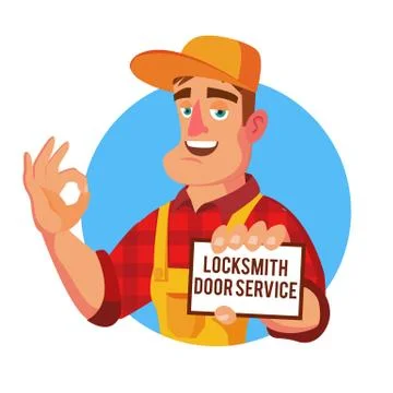 Emergency Locksmith Service Vector. Professional Locksmith Mechanic Work. Flat Stock Illustration