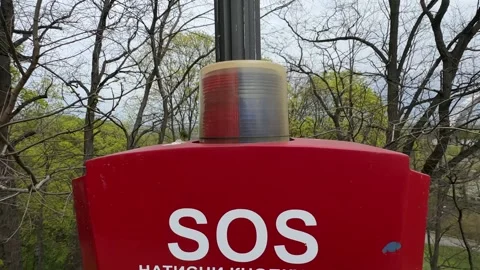Emergency panic button with flashing beacon in public park for police call Stock Footage 333457252