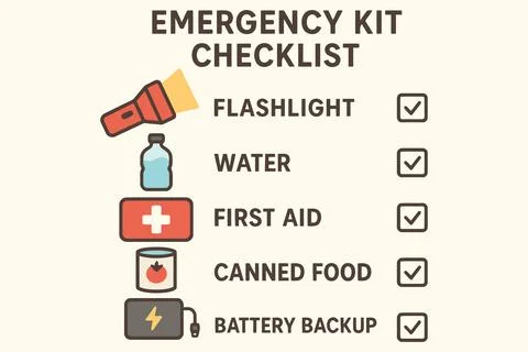 Emergency preparedness kit checklist with essential supplies illustrated Stock Illustration