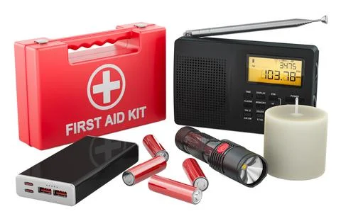 Emergency preparedness kit with first aid case, radio, flashlight, power ba.. Stock Illustration