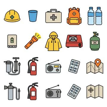 Emergency preparedness kit icons including hard hat, first aid kit, backpac.. Stock Illustration