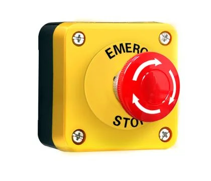 Emergency push stop button over white background Foto stock