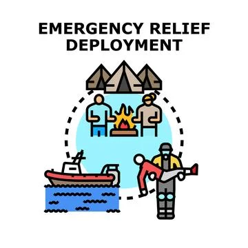 Emergency relief deployment with rescue team helping people Illustrazione stock