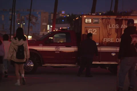 Emergency Response in Venice Beach at Night with Flashing Lights and Palm Trees Stock Footage 297176295