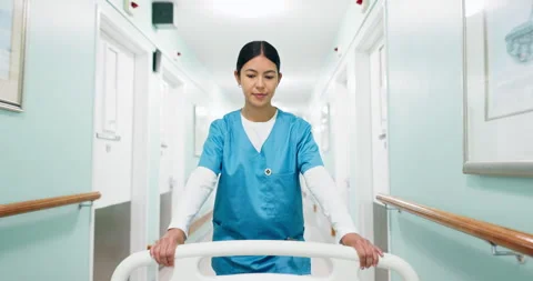 Emergency, rush and nurse with bed in hospital for operation, icu or ER Stock Footage 340880439