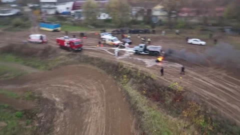 Emergency service firefighters during an exercise in Ukraine in Chernihiv in Stock Footage 229324837