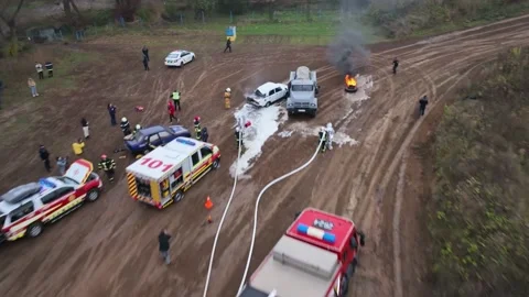 Emergency service firefighters during an exercise in Ukraine in Chernihiv in Stock Footage 229324918