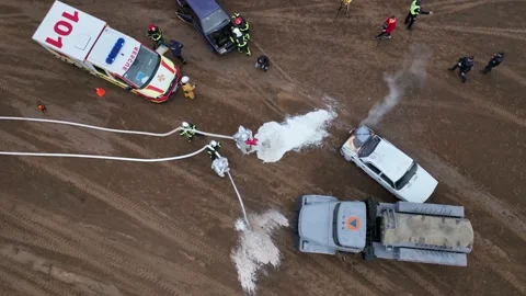 Emergency service firefighters during an exercise in Ukraine in Chernihiv in Stock Footage 229325190