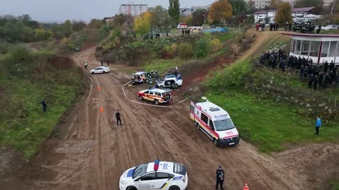 Emergency service firefighters during an exercise in Ukraine in Chernihiv in Video stock 229325260