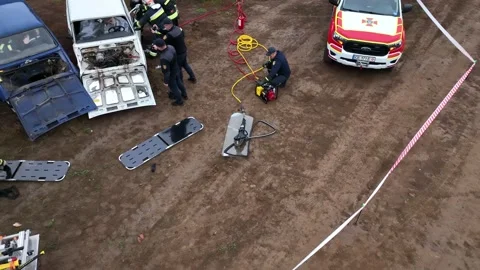 Emergency service firefighters during an exercise in Ukraine in Chernihiv in Video stock 229325432