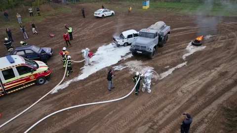 Emergency service firefighters during an exercise in Ukraine in Chernihiv in Stock Footage 229325499