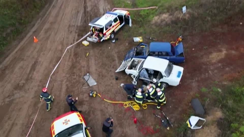 Emergency service firefighters during an exercise in Ukraine in Chernihiv in Stock Footage 229325554