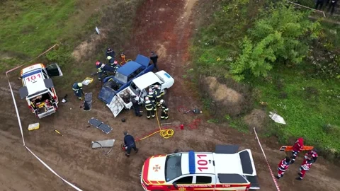 Emergency service firefighters during an exercise in Ukraine in Chernihiv in Stock Footage 229325696