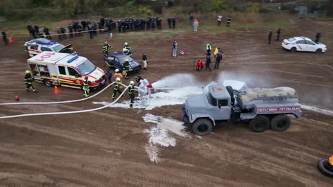 Emergency service firefighters during an exercise in Ukraine in Chernihiv in Stock Footage 229325916