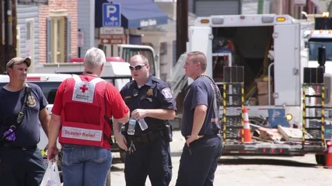 Emergency services at a disaster site. Flood damage. Ellicott City, Maryland. Stock Footage 70537641