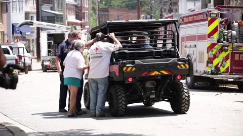 Emergency services at a disaster site. Flood damage. Ellicott City, Maryland. Stock Footage 70537890