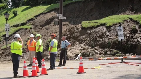 Emergency services at a disaster site. Flood damage. Ellicott City, Maryland. Stock Footage 70537998