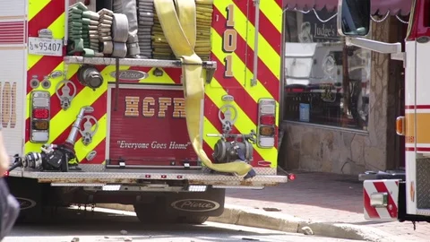 Emergency services at a disaster site. Flood damage. Ellicott City, Maryland. Stock Footage 70538104