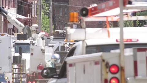 Emergency services at a disaster site. Flood damage. Ellicott City, Maryland. Stock Footage 70538222
