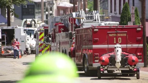 Emergency services at a disaster site. Flood damage. Water rescue. Stock Footage 70538504