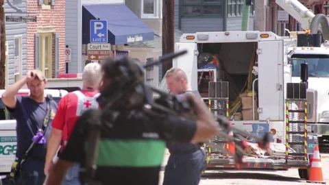 Emergency services at a disaster site. Flood damage. Ellicott City, Maryland. Stock Footage 70538817