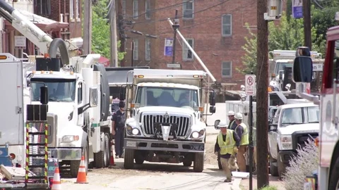 Emergency services at a disaster site. Flood damage. Ellicott City, Maryland. Stock Footage 70539727