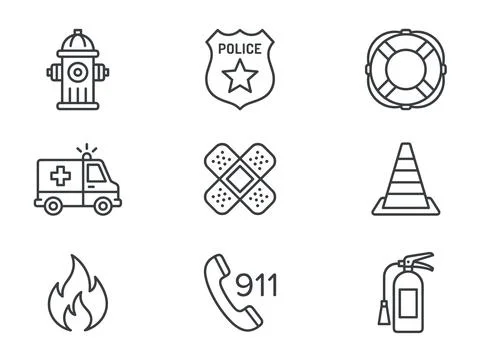 Emergency services icons set including fire hydrant, police badge, lifebuoy.. Stock Illustration