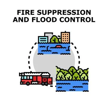 Emergency services managing fire suppression and flood control Stock Illustration