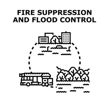 Emergency services managing fire suppression and flood control Stock Illustration