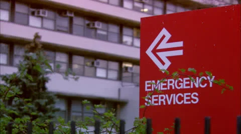 EMERGENCY SERVICES Sign at Hospital Entrance Multiple Shots HD Video Stock Footage