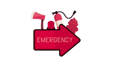 Emergency sign pointing right with an animation of a fire extinguisher, axe.. Vídeos de archivo 334522513