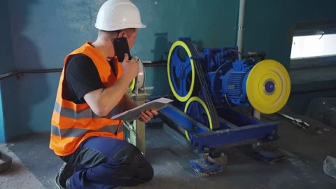 Emergency situation in the elevator shaft. Engineer, worker, electrician talking Stock Footage 265258148