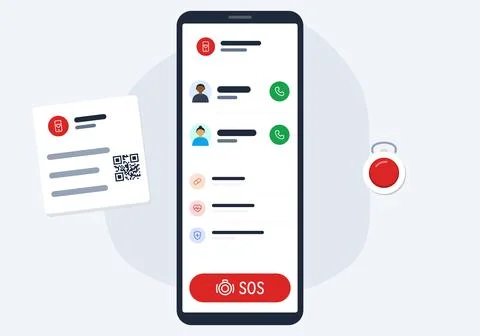 Emergency SOS mobile app interface on smartphone with contact list, medical ID Stock Illustration