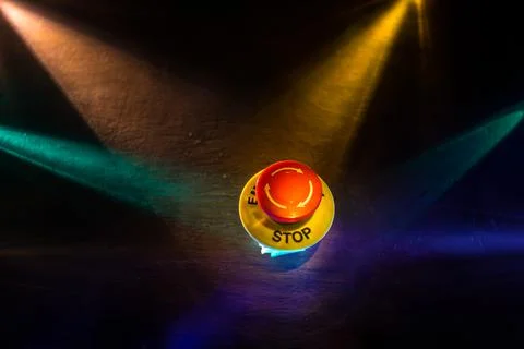 Emergency stop button, Disaster protection. Industrial concept. Red button on Stock Photos