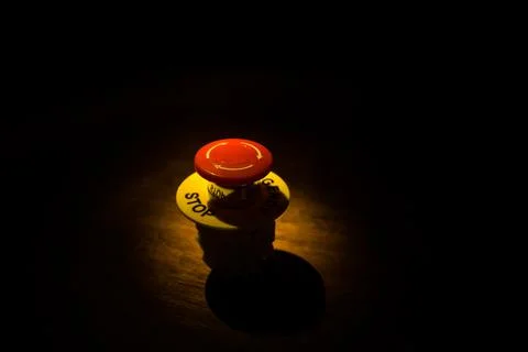 Emergency stop button, Disaster protection. Industrial concept. Red button on Stock Photos
