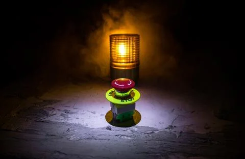 Emergency stop button, Disaster protection. Industrial concept. Red button on Stock Photos