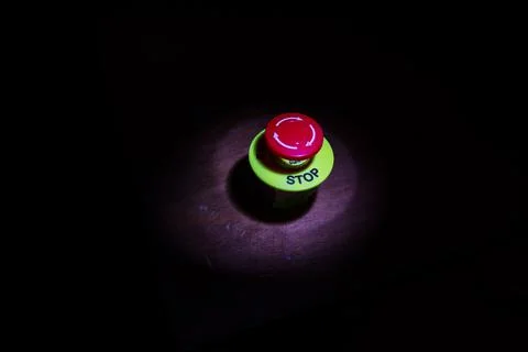 Emergency stop button, Disaster protection. Industrial concept. Red button on Stock Photos