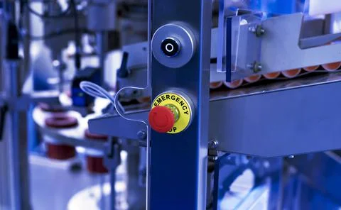 Emergency stop button install at new pharmacological machine Stock Photos