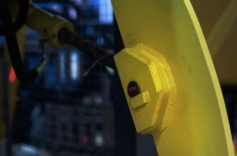 Emergency stop button install at new pharmacological machine Stock Photos