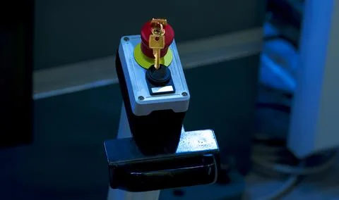 Emergency stop button install at new pharmacological machine Stock Photos