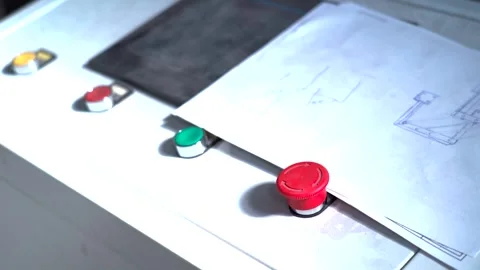 Emergency stop button pressed by automated machinery Stockbeeldmateriaal 341555020