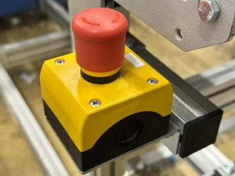 Emergency stop button safety control Stock Photos