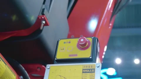Emergency stop button on a truck crane in case of dangerous situations Stock Footage 333381968