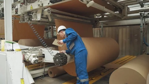 Emergency stop at factory producing brown corrugated cardboard from waste paper Stock Footage 280189113