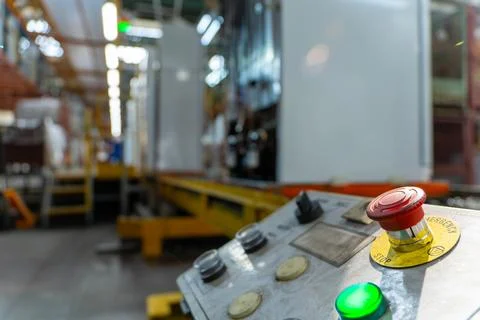 Emergency Stop installed at line conveyor in refrigerator manufacturing plant Fotos Stock